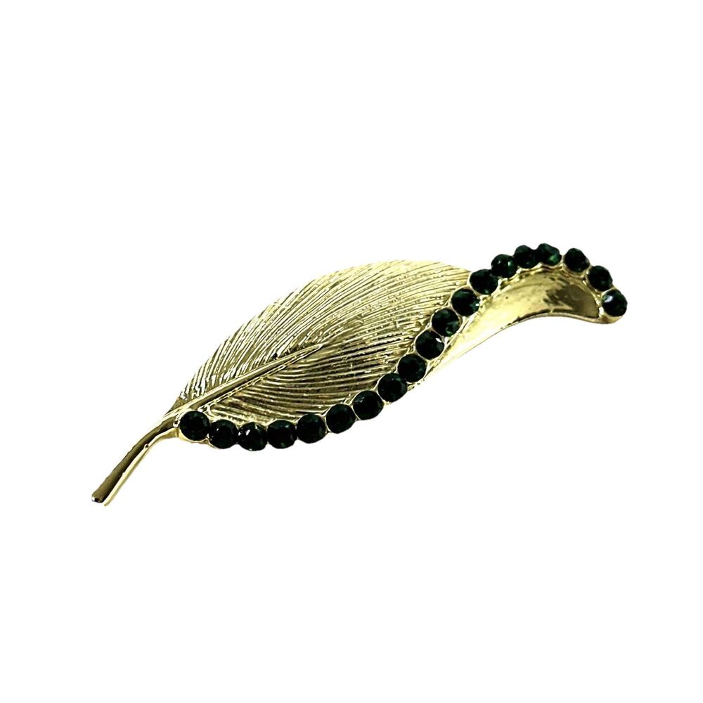 Vintage Gerry’s Gold Tone Leaf Brooch Green Rhinestones 2.5” Signed - Picture 3 of 6